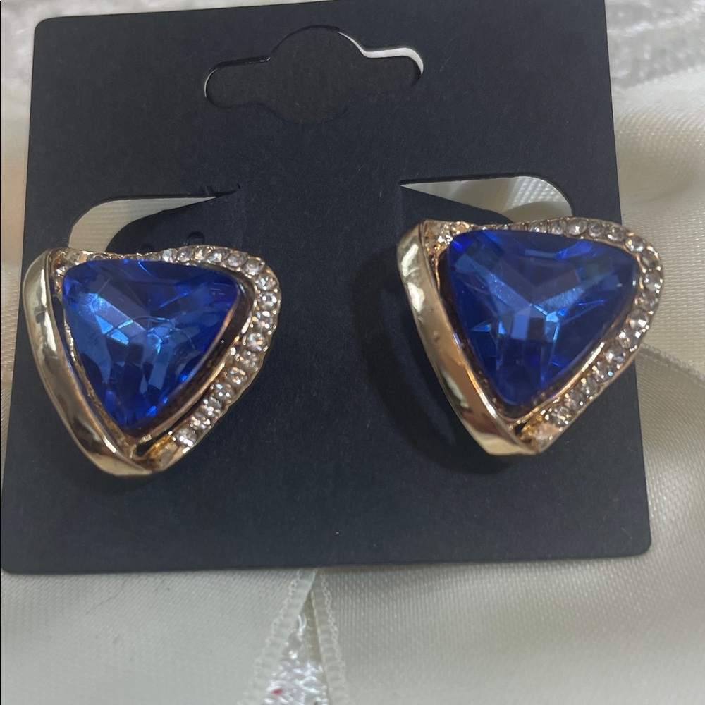 Vintage Gold-Tone Blue Crystal Triangle Clip Earrings - Women Jewelry